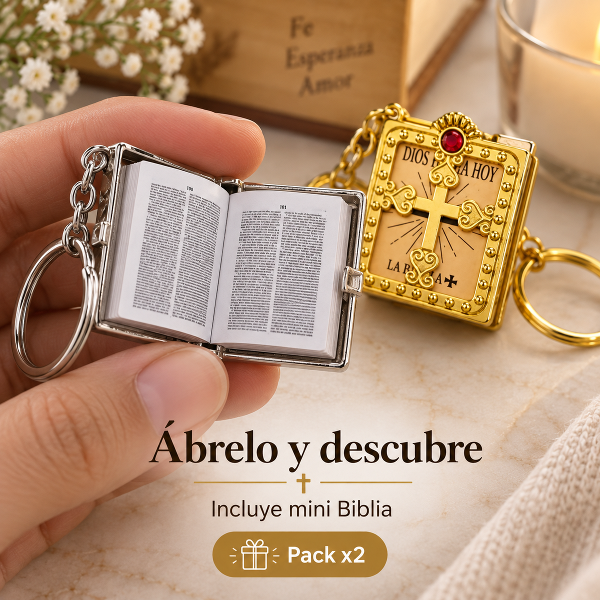 Set x2 Llaveros Bíblicos con Mini Libro Real✝️⛪