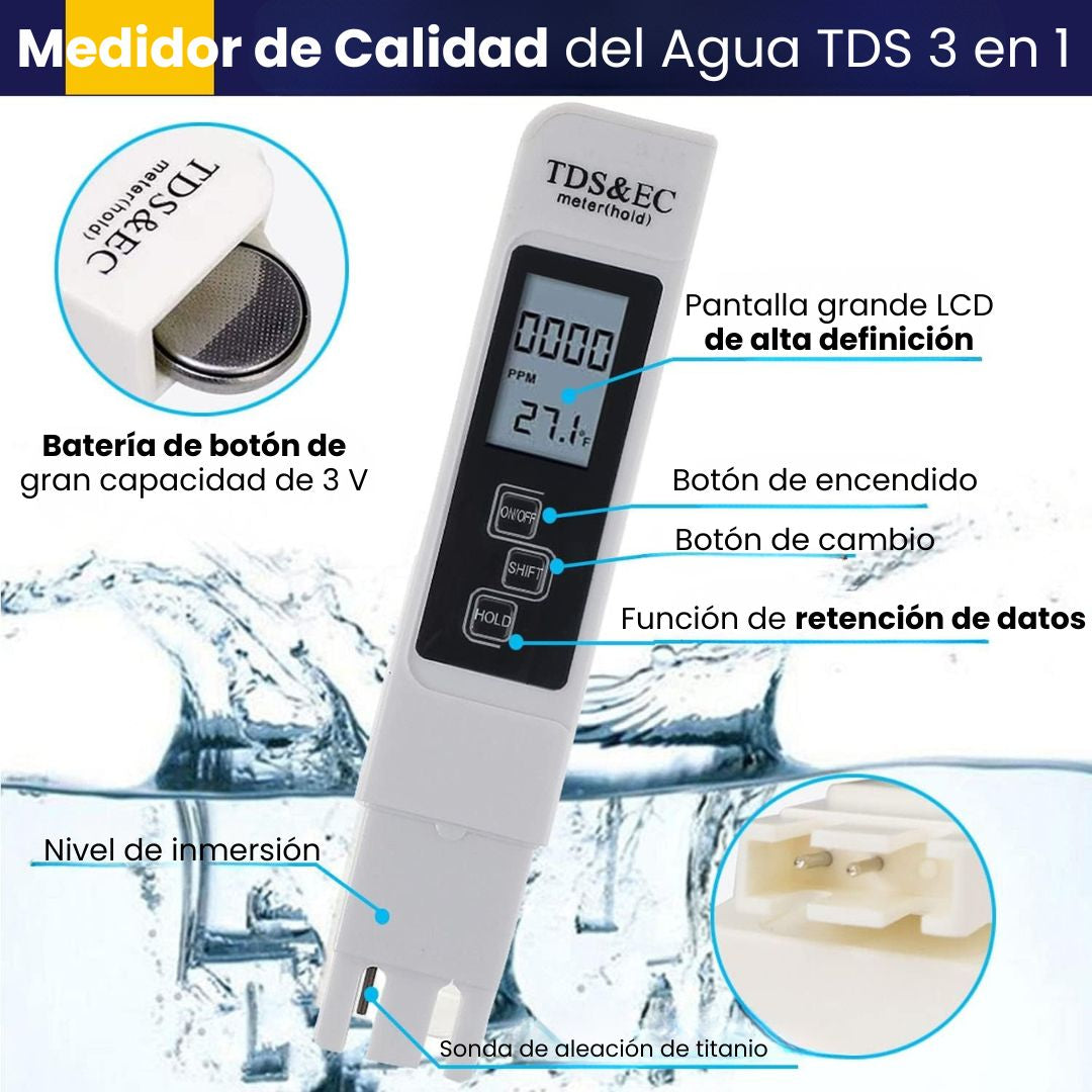 Medidor de Calidad del Agua TDS 3 en 1 | Conoce la Pureza Real de lo que Bebes (Termómetro y Filtro Tester). 💧🧪