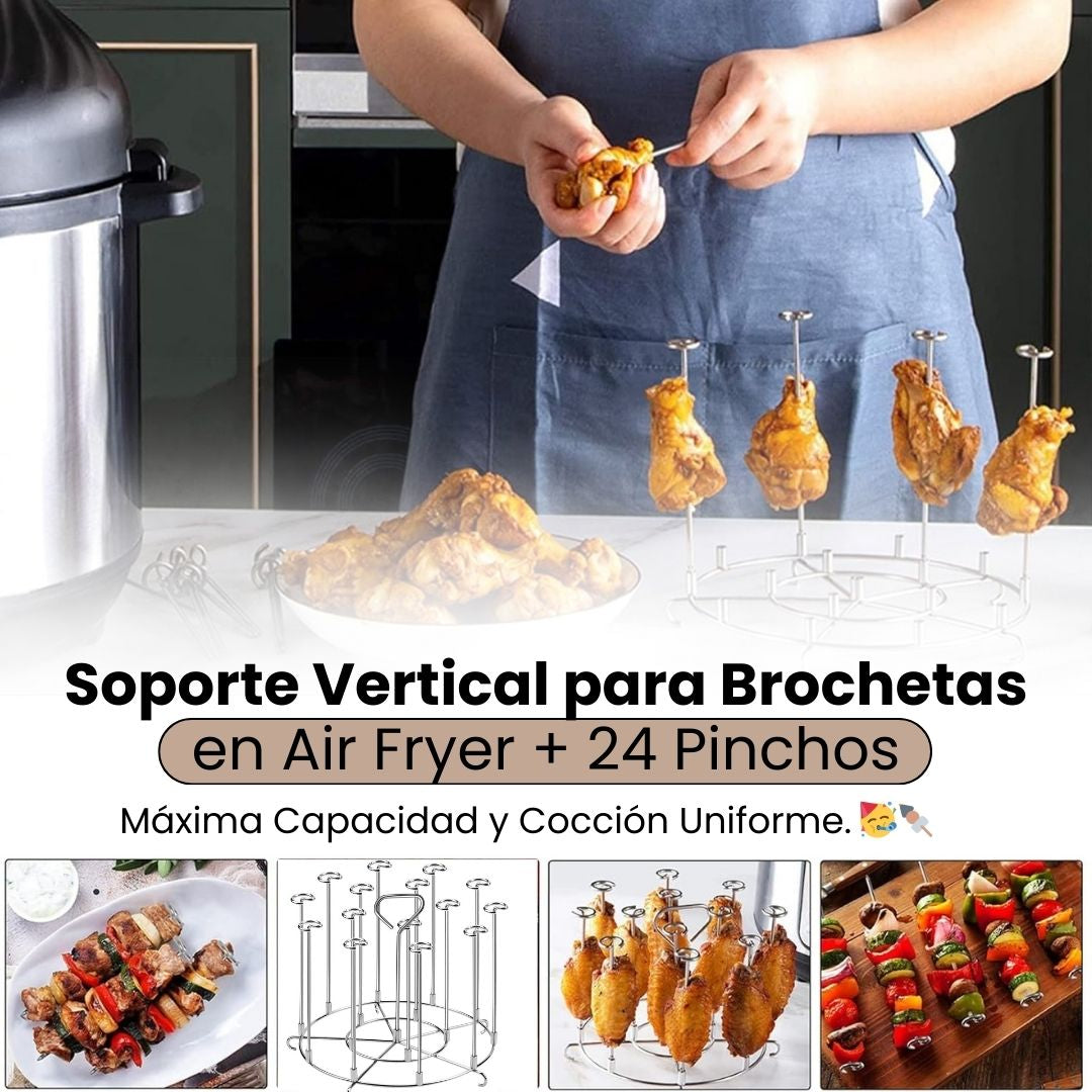 Soporte Vertical para Brochetas en Air Fryer + 24 Pinchos | Máxima Capacidad y Cocción Uniforme. 🥳🍢