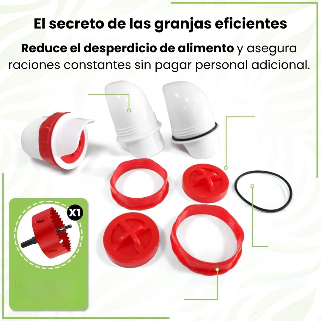 Kit Comedero para Pollos, Patos y Gansos — El Secreto de la Alimentación Limpia (3 comederos + broca + circulo perforador)