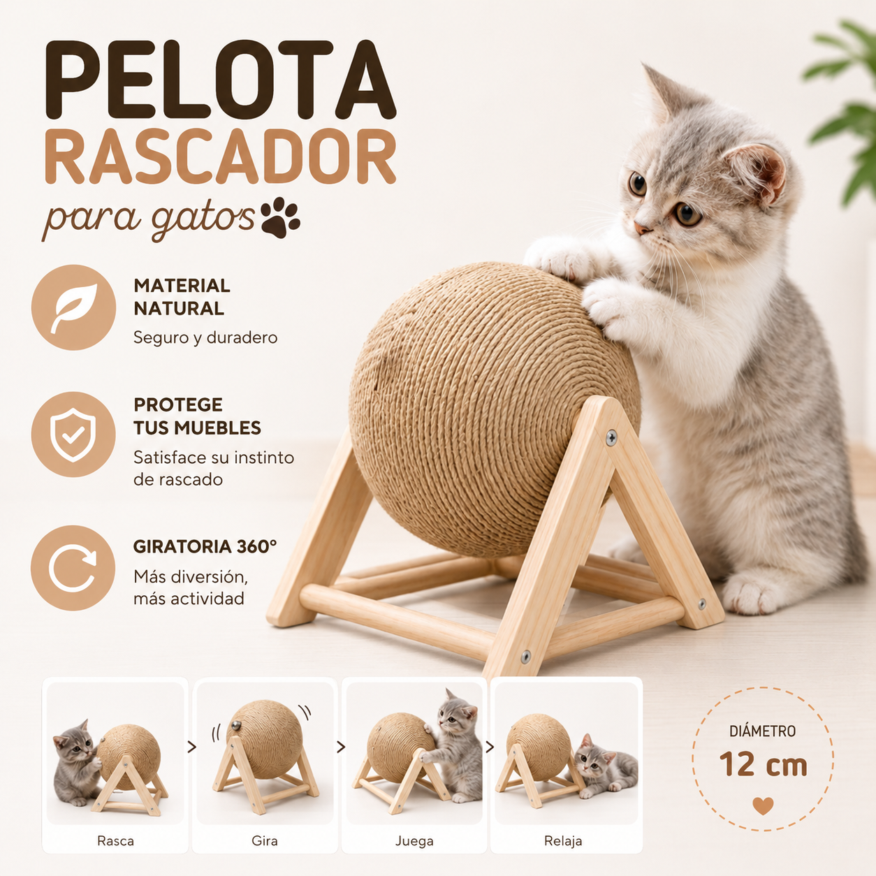 Rascador Giratorio Pro-Gato | Pelota de Sisal Natural 12cm🐈😽