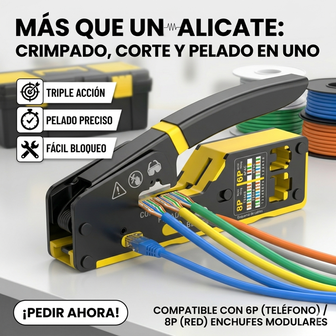 Crimpadora Profesional 3-en-1 + Cortadora y Pelacables para Redes (6P/8P)🧰🛠️
