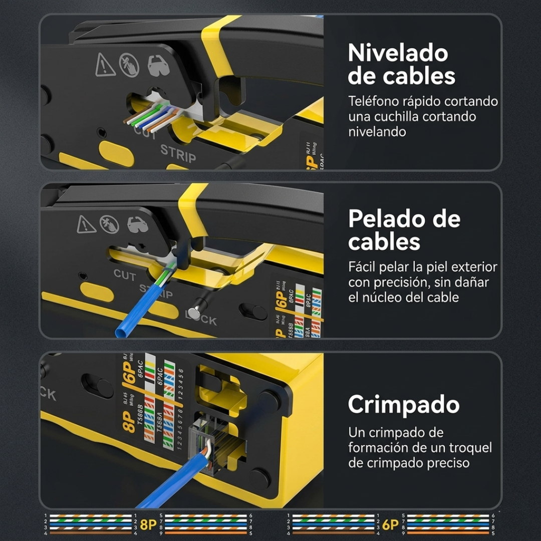 Crimpadora Profesional 3-en-1 + Cortadora y Pelacables para Redes (6P/8P)🧰🛠️
