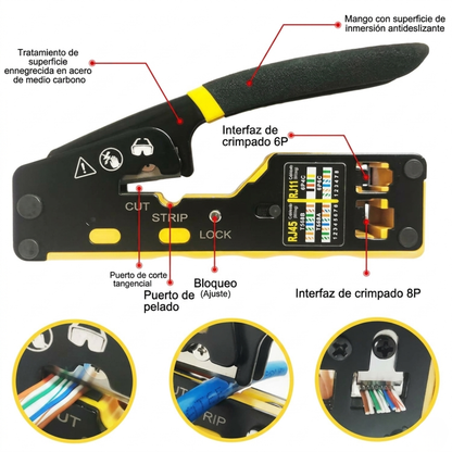 Crimpadora Profesional 3-en-1 + Cortadora y Pelacables para Redes (6P/8P)🧰🛠️