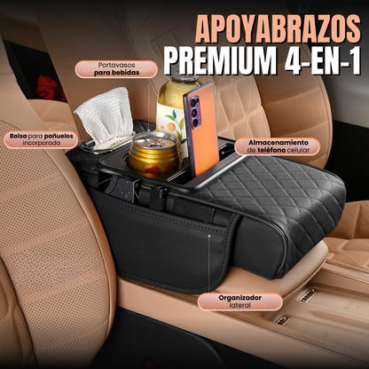 APOYABRAZOS PREMIUM 4-EN-1: Elevador, almacenamiento y portavasos🚗