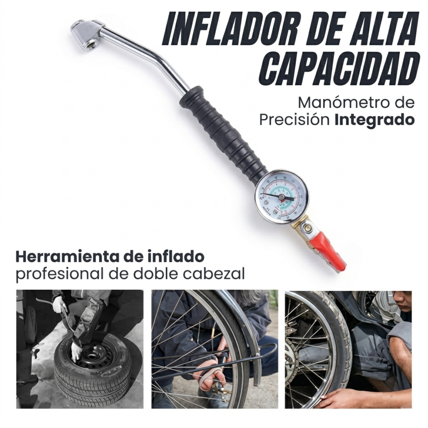 INFLADOR DE ALTA CAPACIDAD: Manómetro de Precisión Integrado🛞⚙️