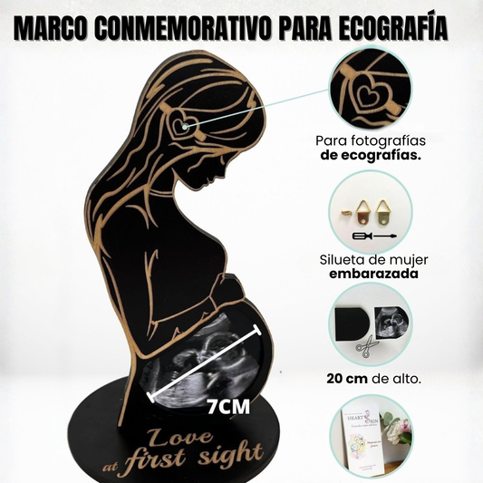 MARCO CONMEMORATIVO PARA ECOGRAFÍA: Diseño de silueta materna y elegancia plateada🤰🏻👣
