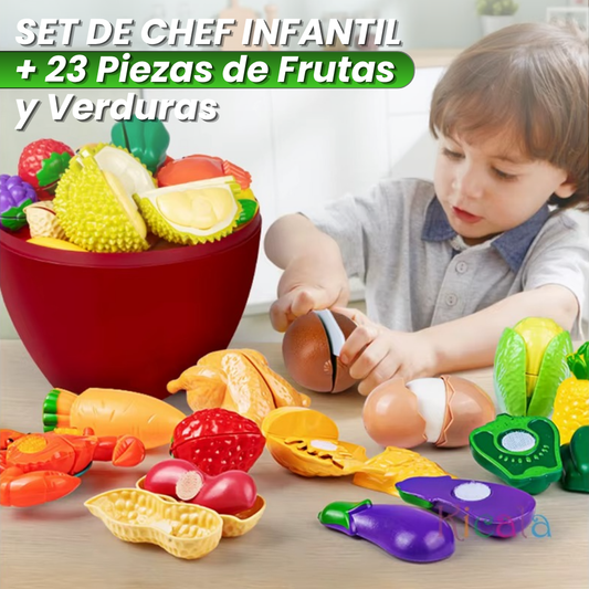 SET DE CHEF INFANTIL + 23 Piezas de Frutas y Verduras Interactivas🍈🍉
