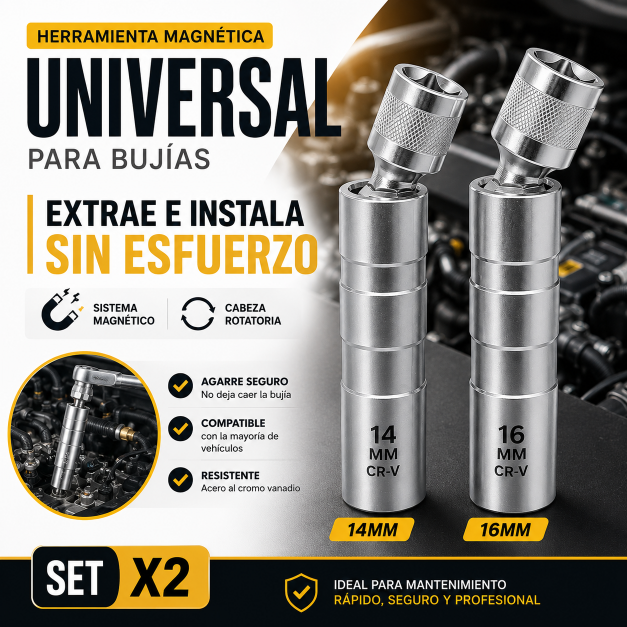 SET x2 HERRAMIENTAS MAGNÉTICAS PARA BUJÍAS: Cabezal Rotatorio Universal⚙️🧰