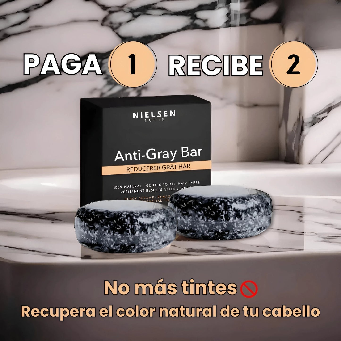 2X1 SHAMPOO EN BARRA ANTI CANAS - RESTAURA EL COLOR NATURAL DE TU CABELLO